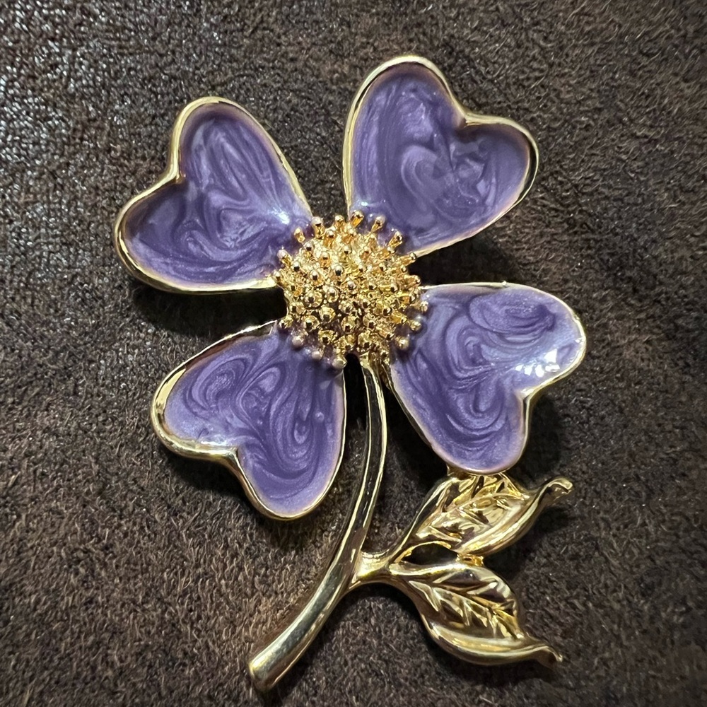 Vintage AAi Purple Swirls Enamel Flower Brooch Gold Tone Textured Leaves Pin